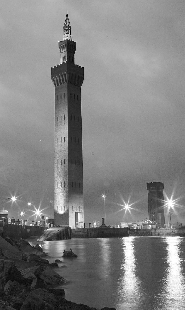 The historic Grimsby Dock Tower at night