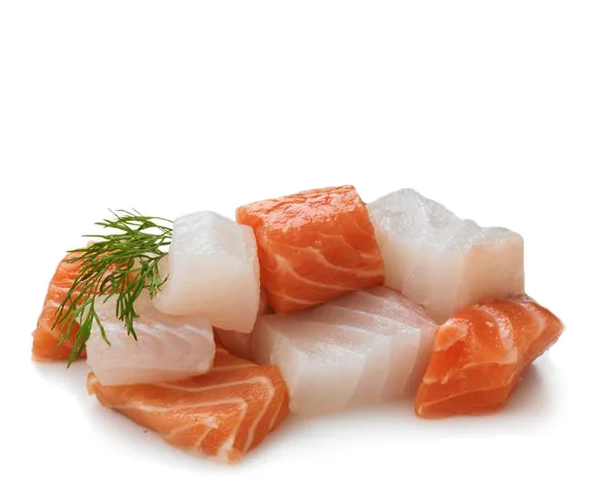 Pieces of salmon and white fish prepared as a fish pie mix